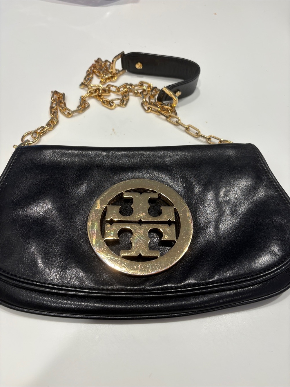 Tory Burch Black Leather Crossbody with Gold Logo Medallion